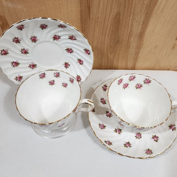 John Aynsley Hathaway Cup & Saucer bone china roses swirled edge England 2 sets - Picture 4 of 11
